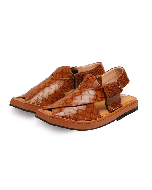 Premium Tan Croc-Texture Peshawari Sandals – Traditional Elegance with Modern Comfort
