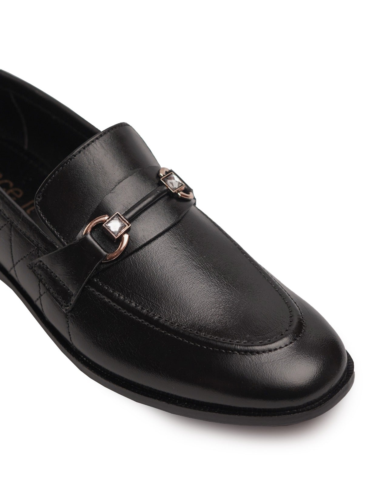 Black Leather Formal Shoe with Gold Buckle and Signature Black Inlay