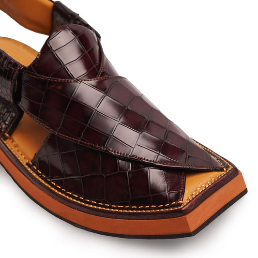 Burgundy Crocodile-Textured Peshawari Sandals – Bold Style with Ethnic Charm