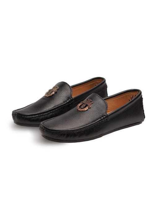 Royal Black Emblem Loafers – Premium Leather Slip-Ons for Men