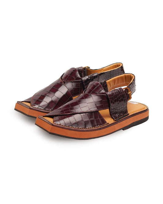 Burgundy Crocodile-Textured Peshawari Sandals – Bold Style with Ethnic Charm