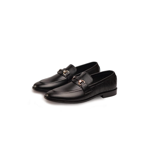 Black Leather Formal Shoe with Gold Buckle and Signature Black Inlay