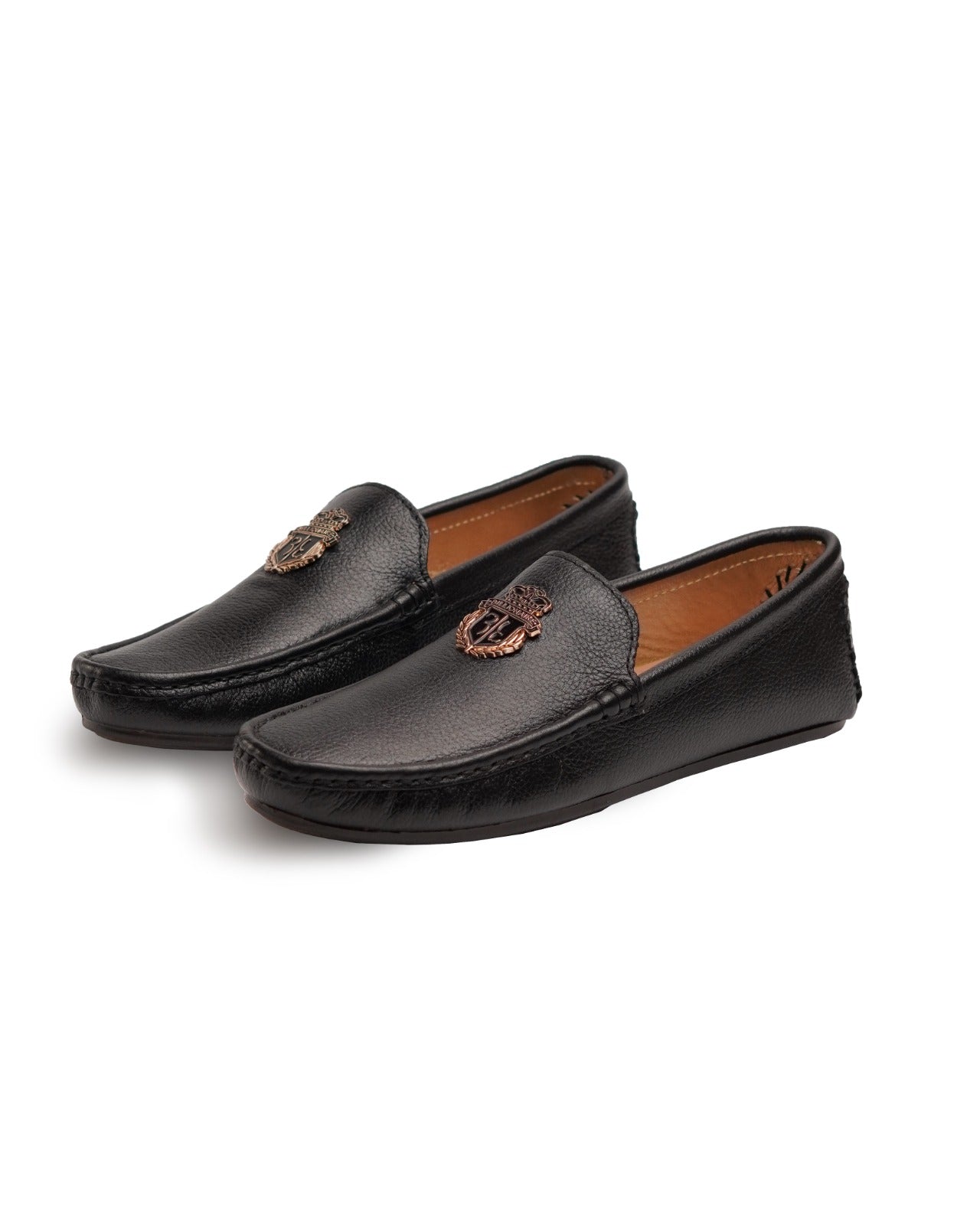 Royal Black Emblem Loafers – Premium Leather Slip-Ons for Men